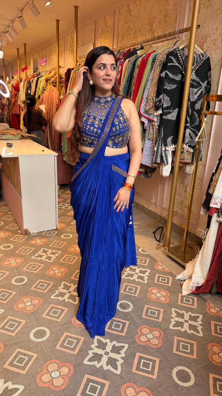 Royal Blue Contemporary Draped Saree with Embellished Halter Blouse