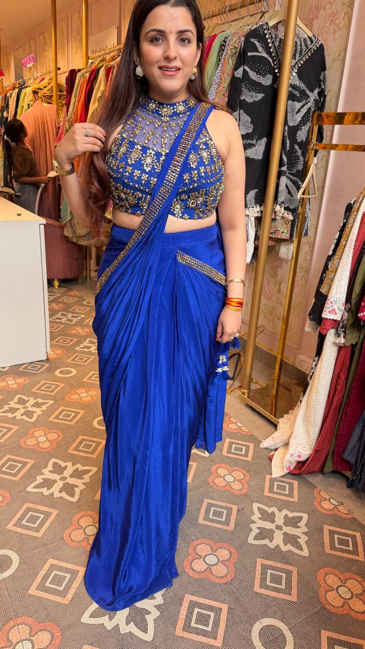 Royal Blue Contemporary Draped Saree with Embellished Halter Blouse