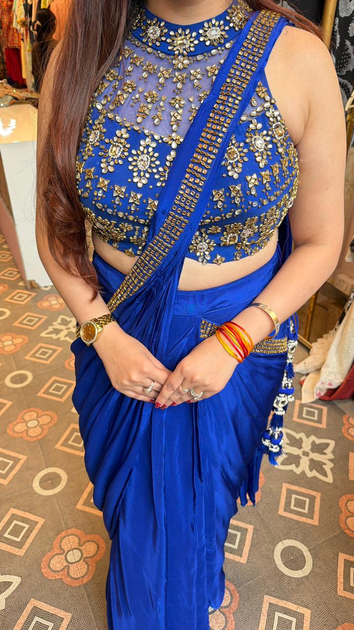 Royal Blue Contemporary Draped Saree with Embellished Halter Blouse