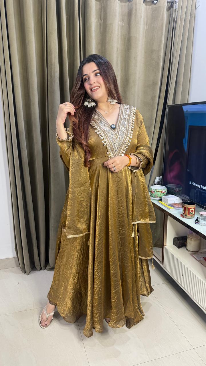 Antique Gold Embroidered Anarkali Suit