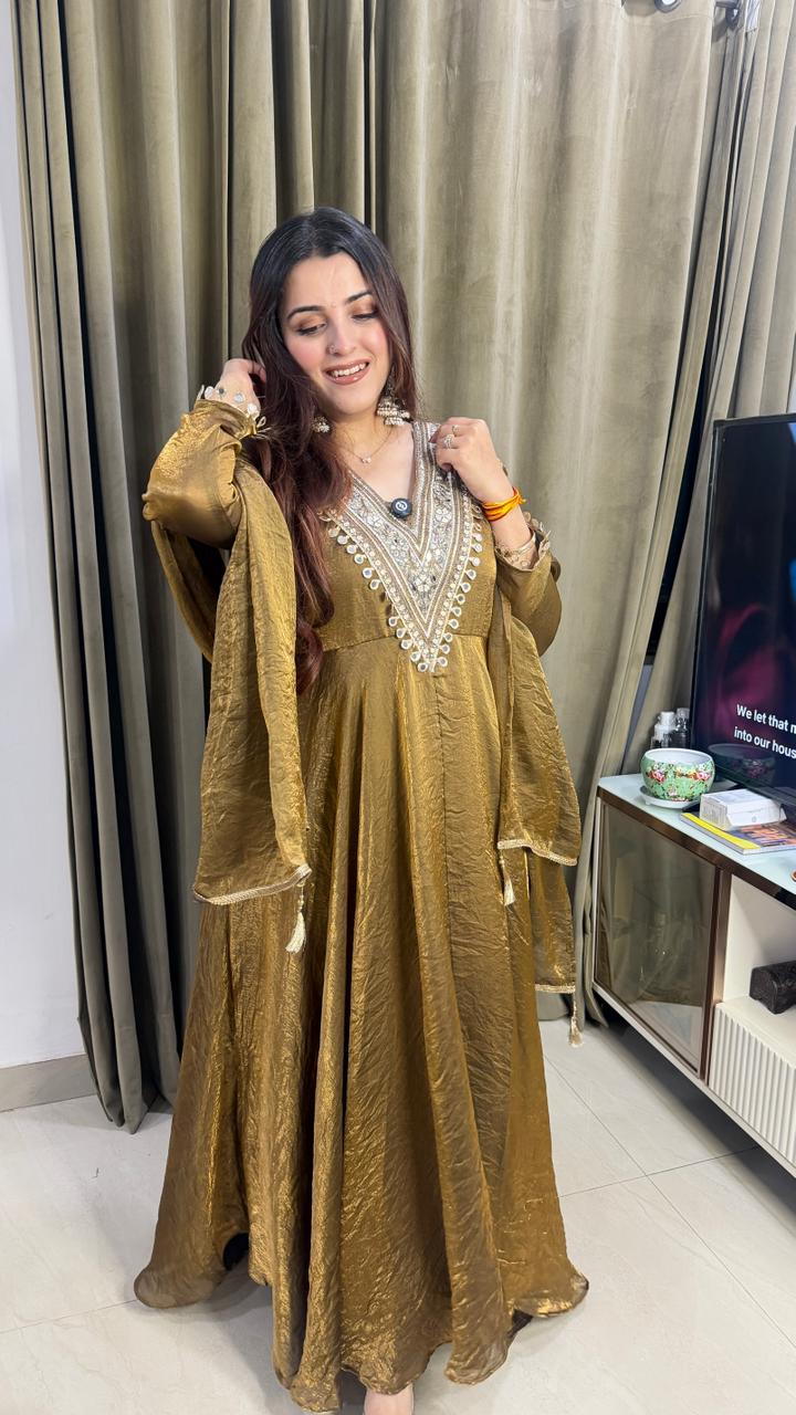 Antique Gold Embroidered Anarkali Suit
