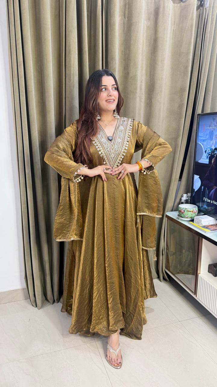 Antique Gold Embroidered Anarkali Suit