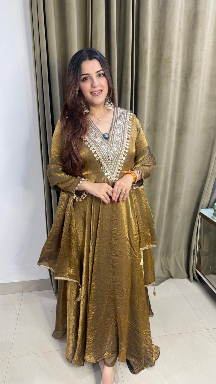 Antique Gold Embroidered Anarkali Suit