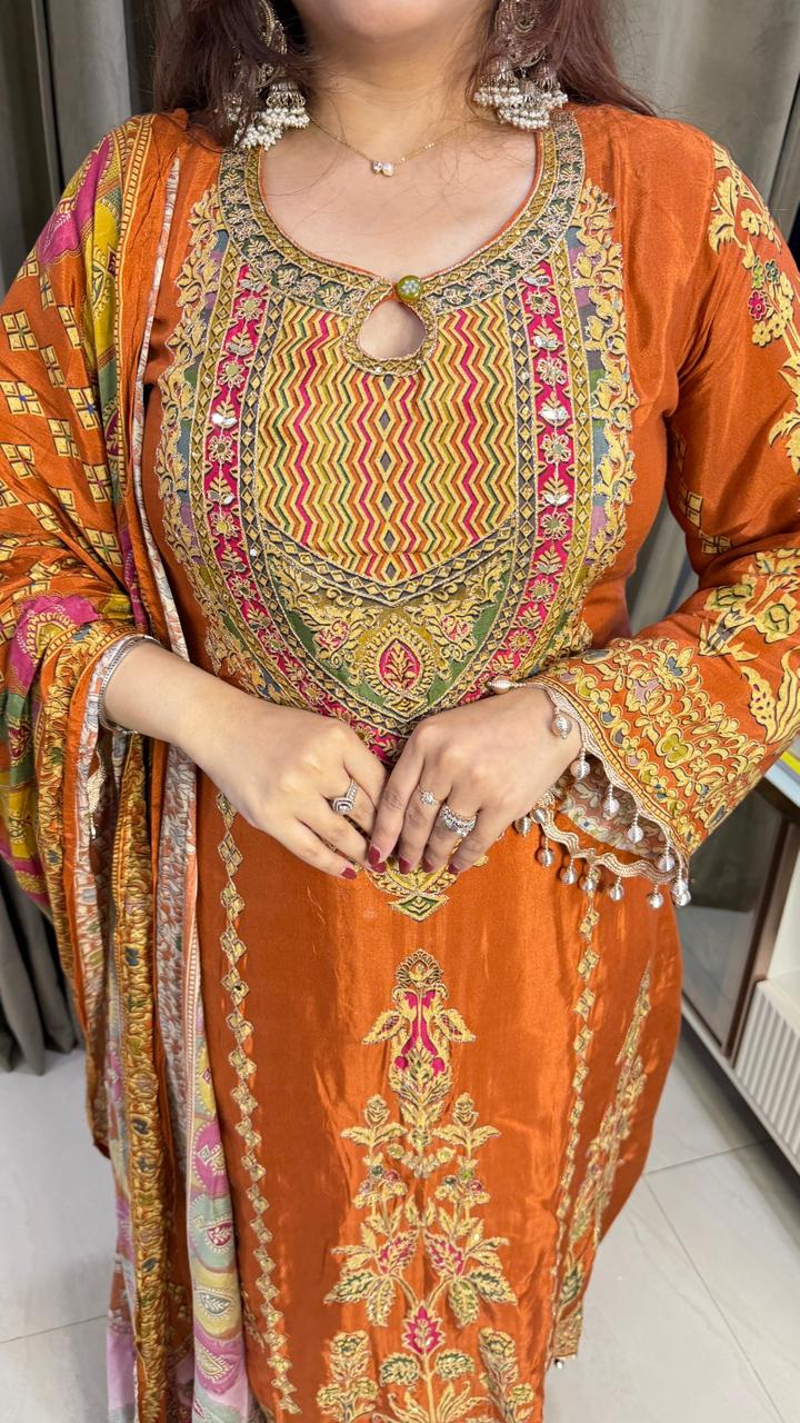 Rust Orange Printed & Embroidered Kurta Set with  Dupatta