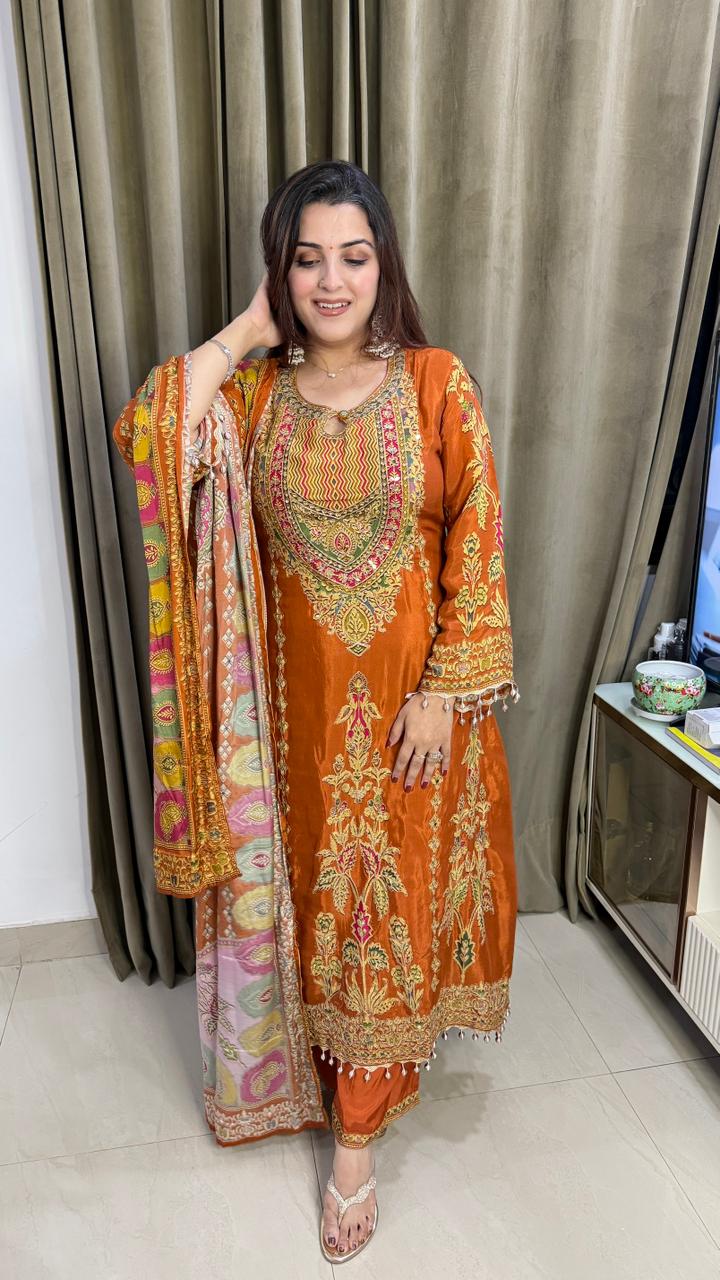 Rust Orange Printed & Embroidered Kurta Set with  Dupatta