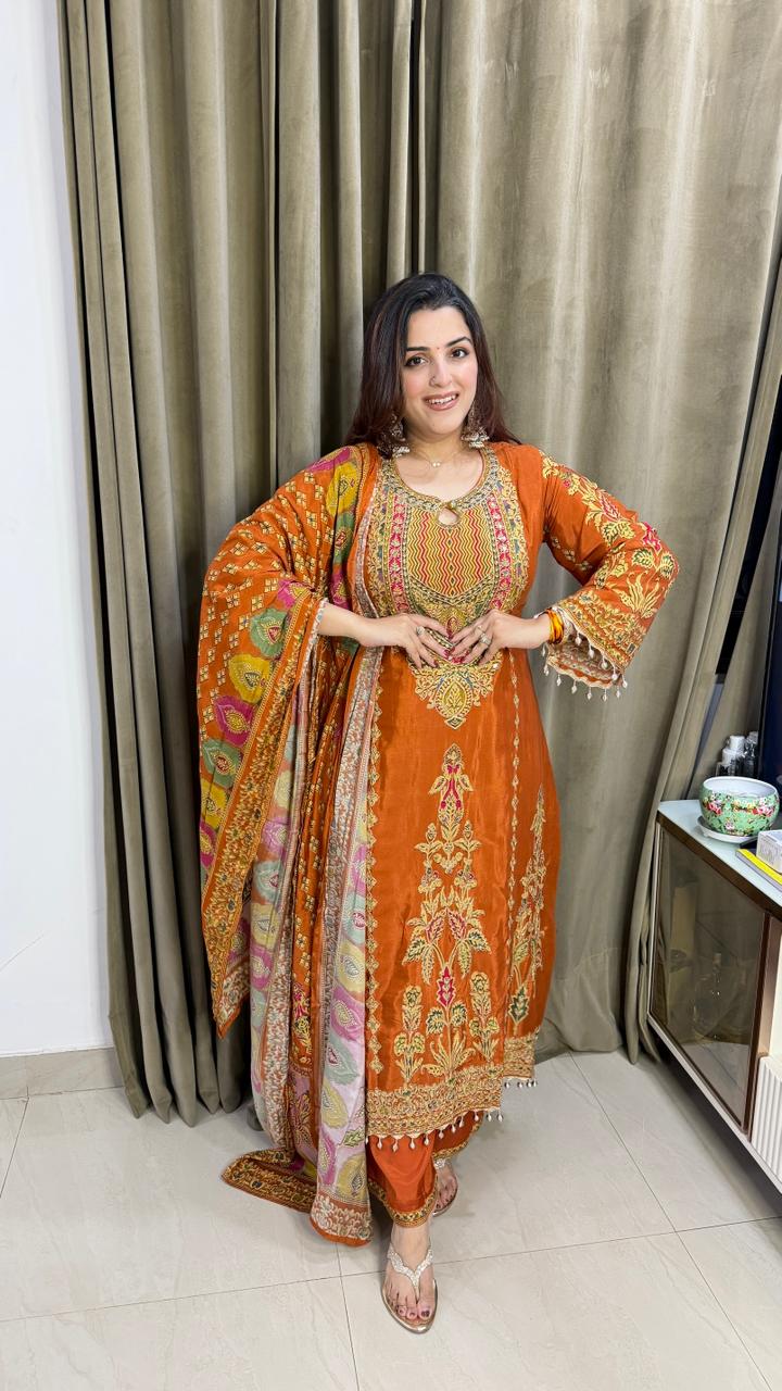 Rust Orange Printed & Embroidered Kurta Set with  Dupatta