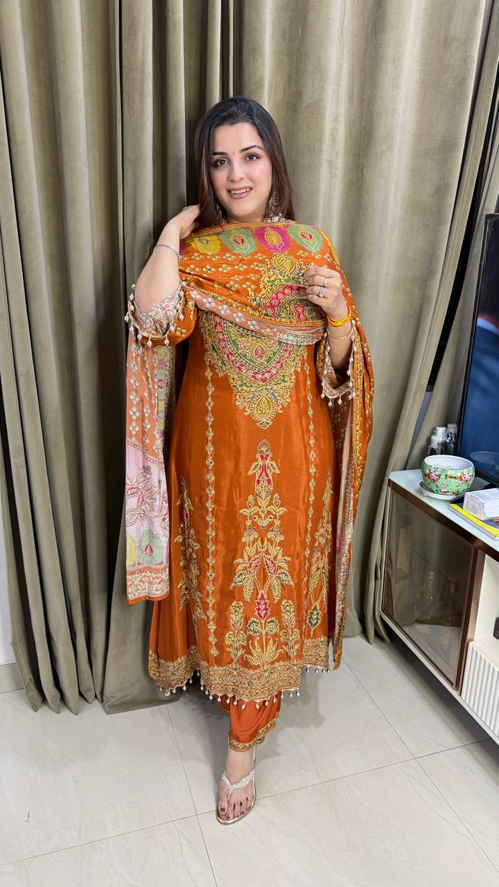 Rust Orange Printed & Embroidered Kurta Set with  Dupatta