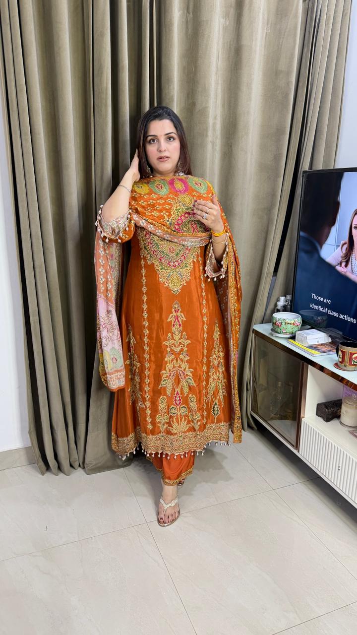 Rust Orange Printed & Embroidered Kurta Set with  Dupatta