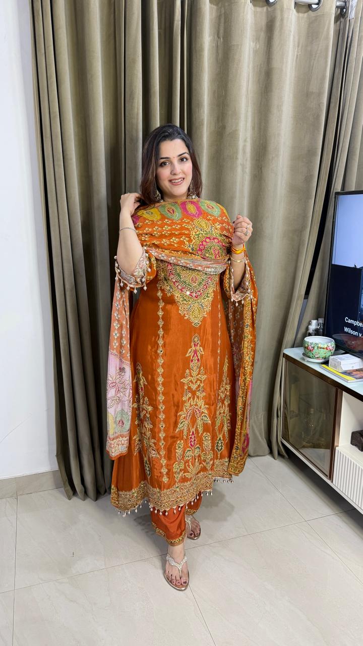 Rust Orange Printed & Embroidered Kurta Set with  Dupatta
