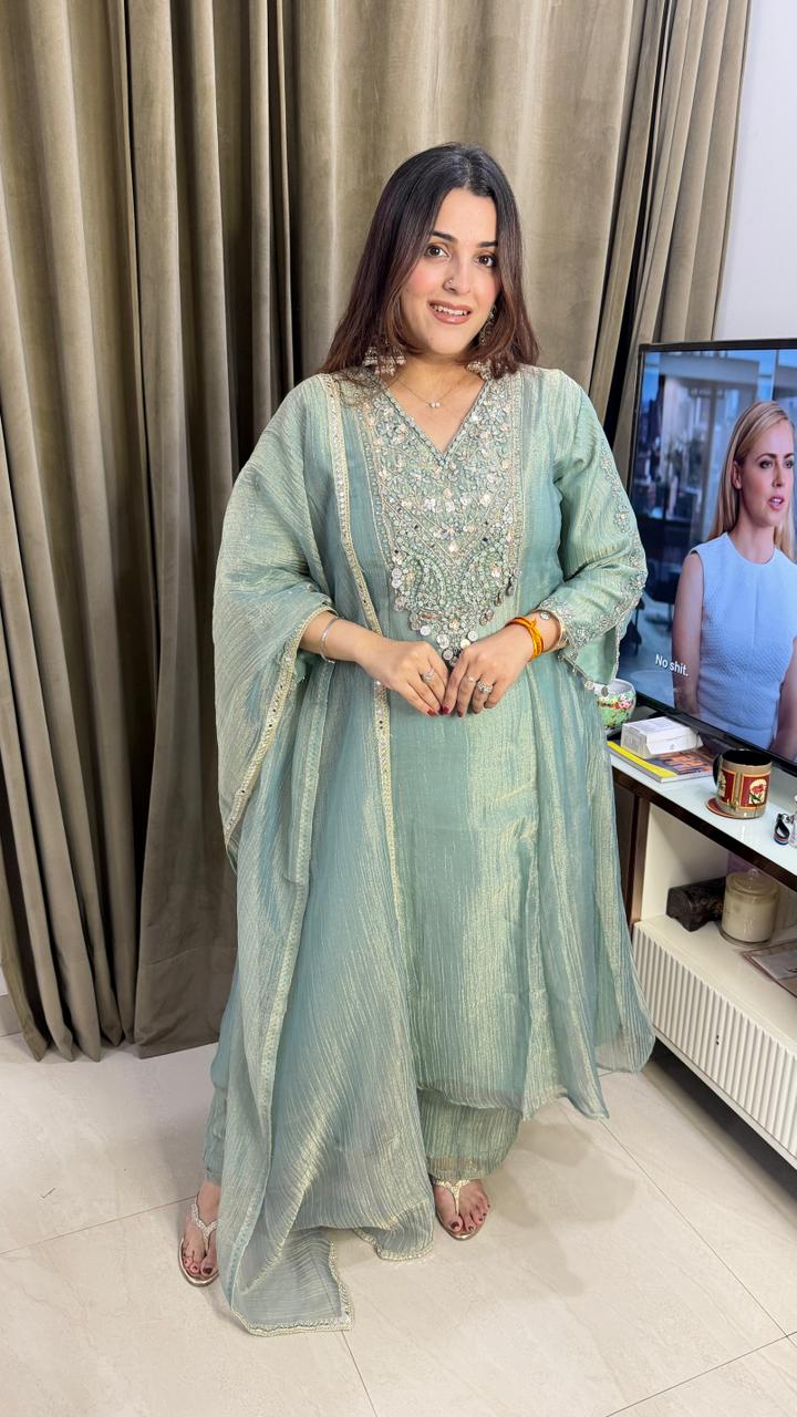 Pastel Sage Green Anarkali Suit with Mirror & Thread Embroidery