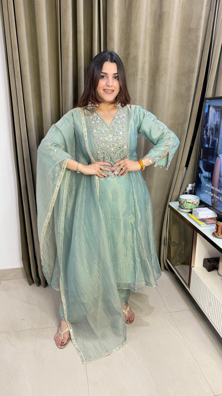 Pastel Sage Green Anarkali Suit with Mirror & Thread Embroidery