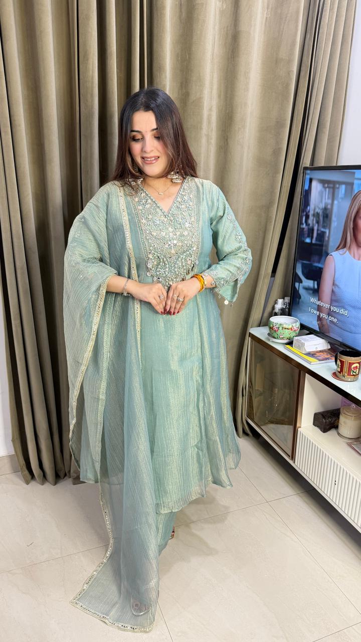 Pastel Sage Green Anarkali Suit with Mirror & Thread Embroidery