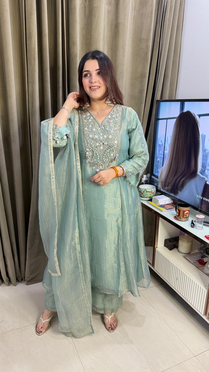 Pastel Sage Green Anarkali Suit with Mirror & Thread Embroidery