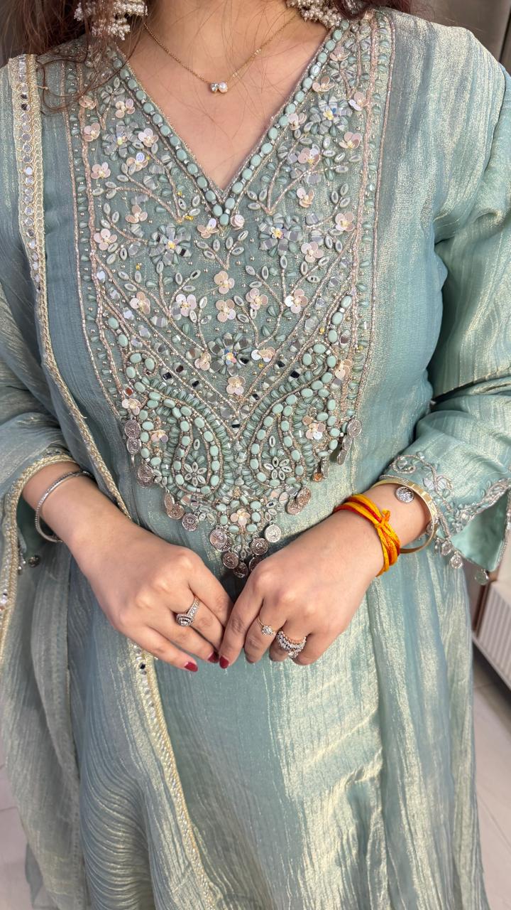 Pastel Sage Green Anarkali Suit with Mirror & Thread Embroidery