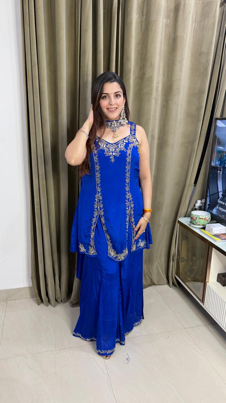 Royal cobalt Blue Embroidered Peplum Sharara Set
