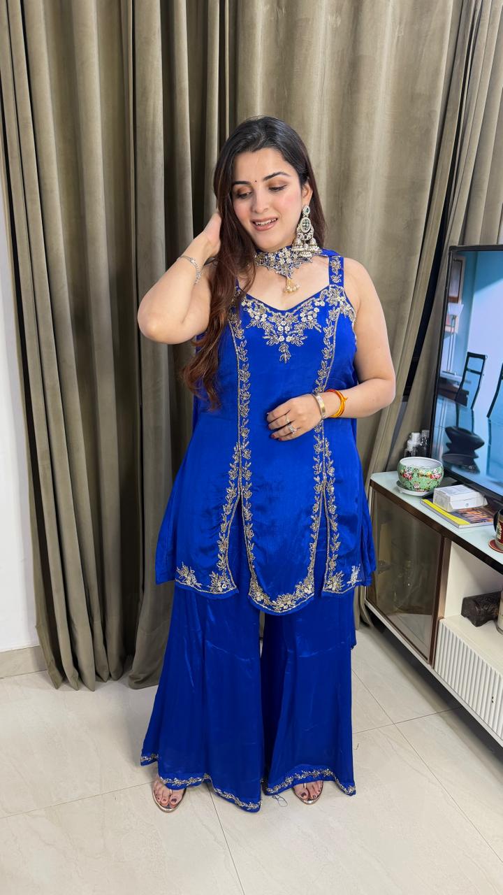 Royal cobalt Blue Embroidered Peplum Sharara Set