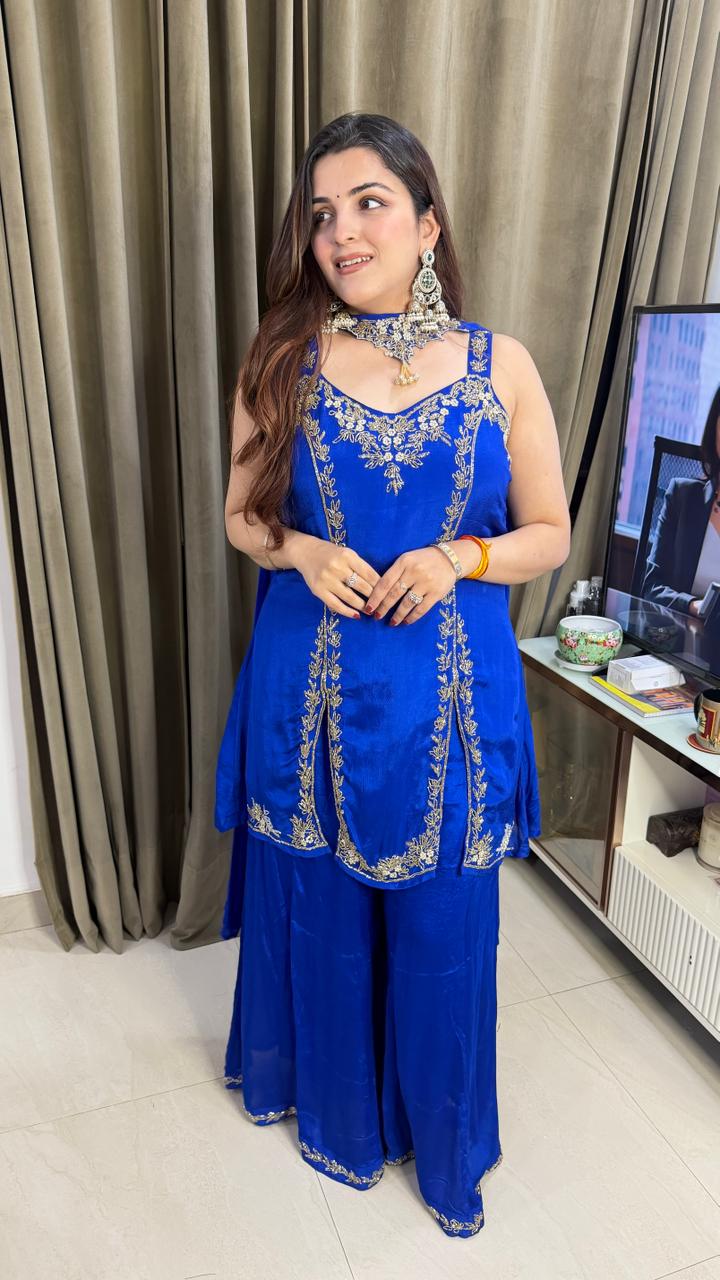 Royal cobalt Blue Embroidered Peplum Sharara Set
