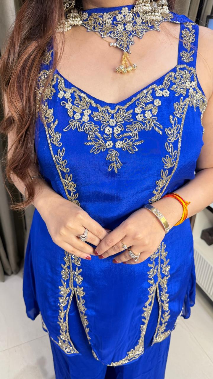 Royal cobalt Blue Embroidered Peplum Sharara Set