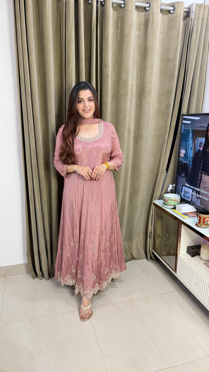 Dusty Blush pink Anarkali Suit with Delicate Zari Embroidery