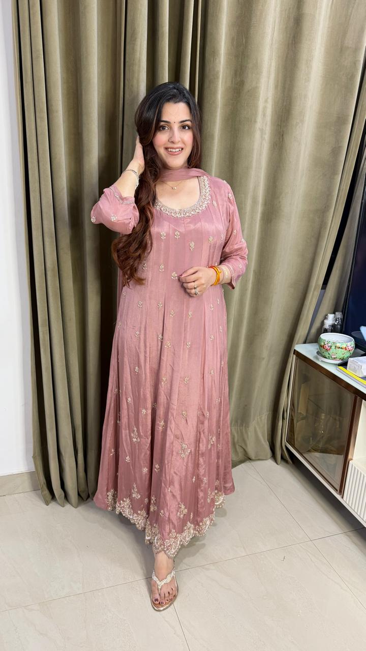 Dusty Blush pink Anarkali Suit with Delicate Zari Embroidery