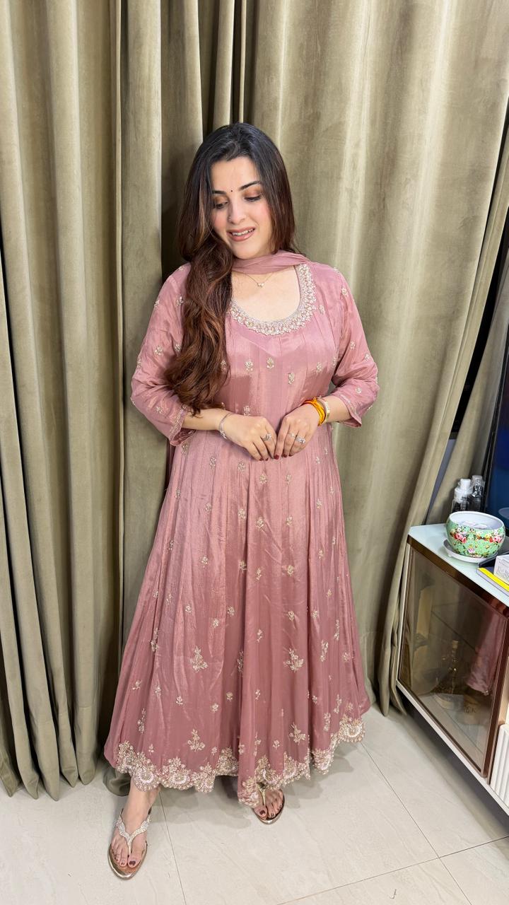 Dusty Blush pink Anarkali Suit with Delicate Zari Embroidery