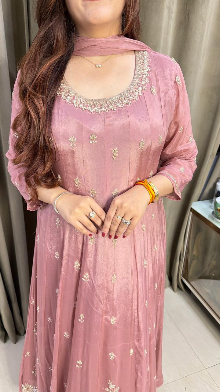 Dusty Blush pink Anarkali Suit with Delicate Zari Embroidery