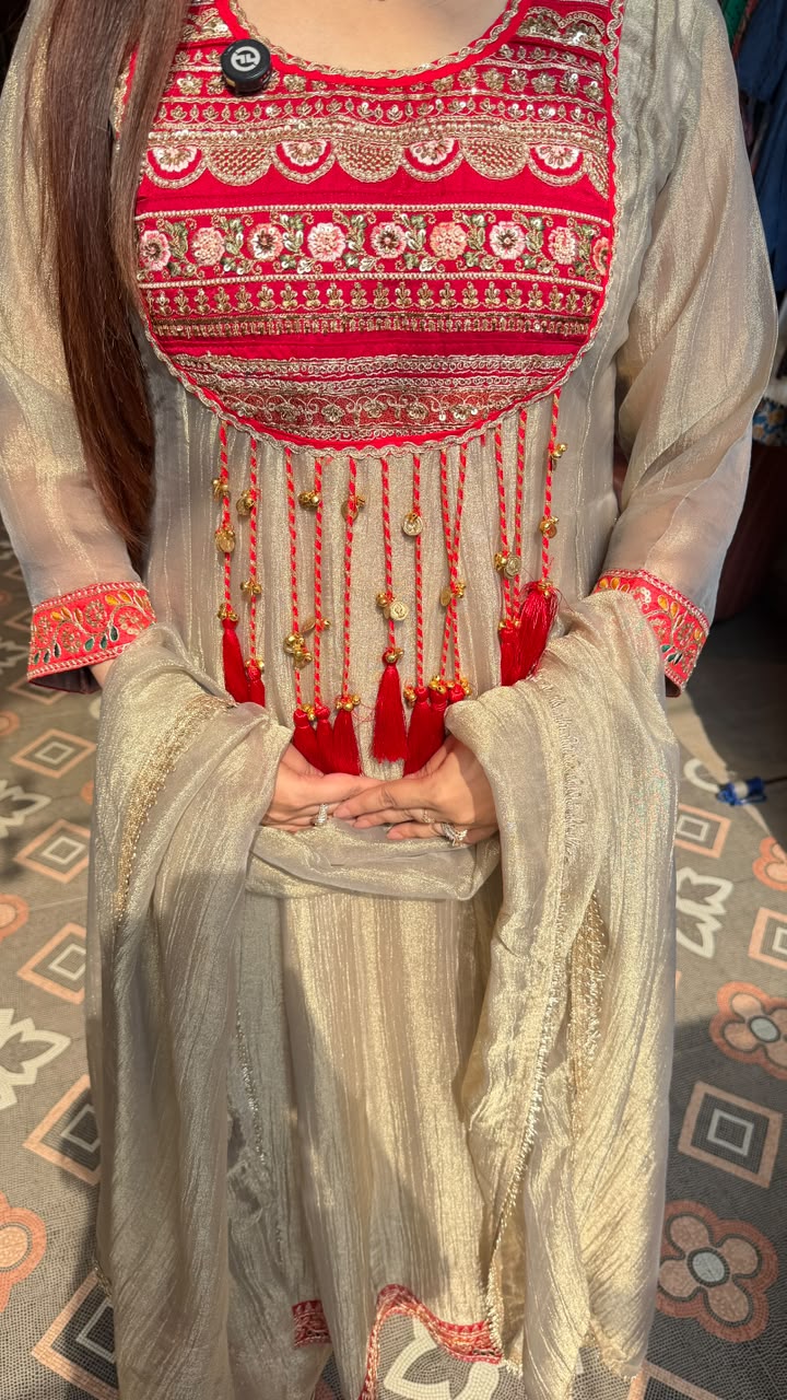 Ruhani Red & Champagne Zari Anarkali Set