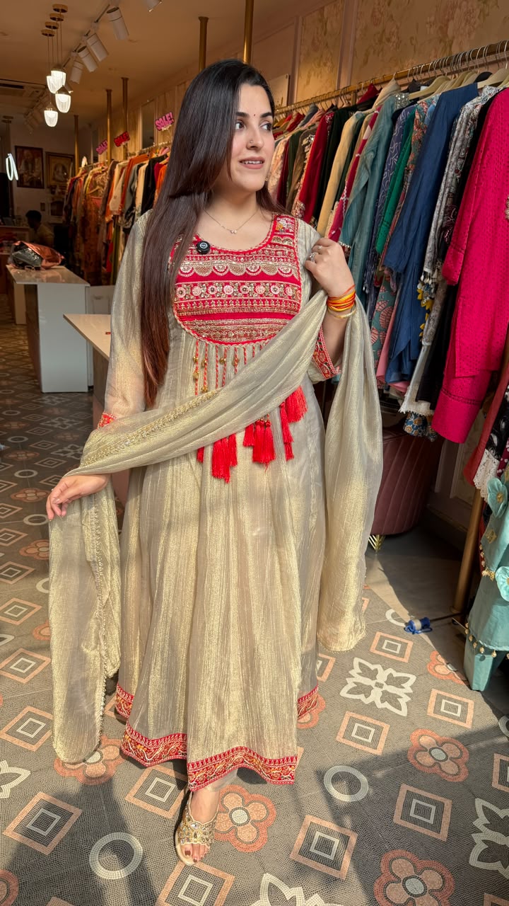 Ruhani Red & Champagne Zari Anarkali Set