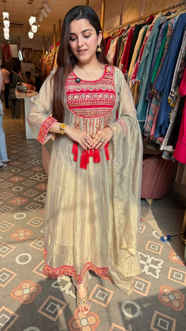 Ruhani Red & Champagne Zari Anarkali Set