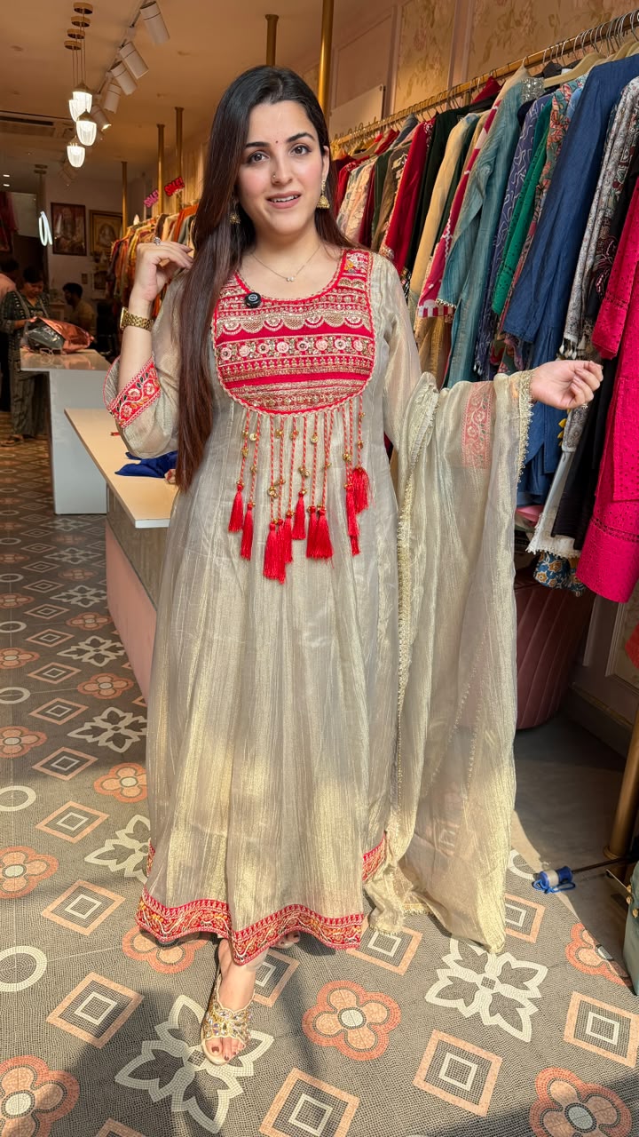 Ruhani Red & Champagne Zari Anarkali Set