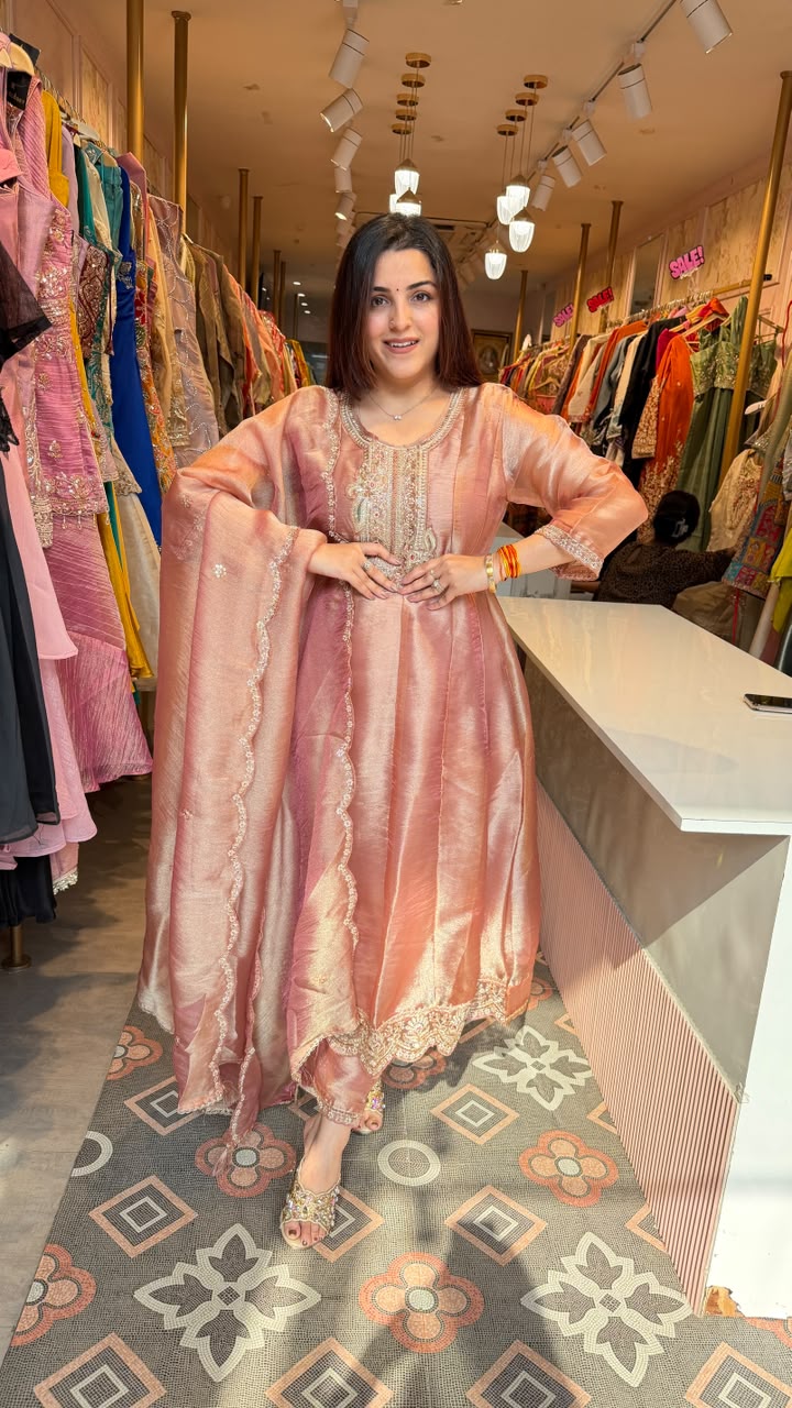 Rose Gold Tissue Shimmer Anarkali Suit Set