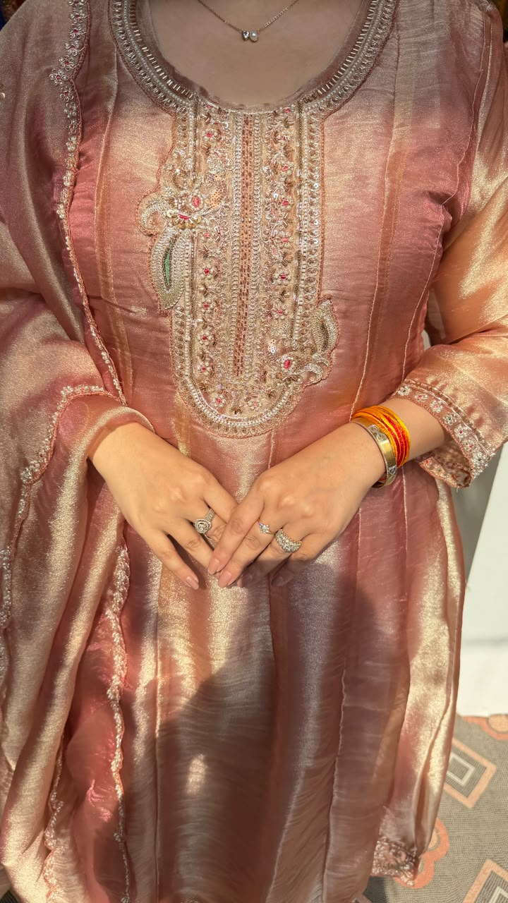 Rose Gold Tissue Shimmer Anarkali Suit Set