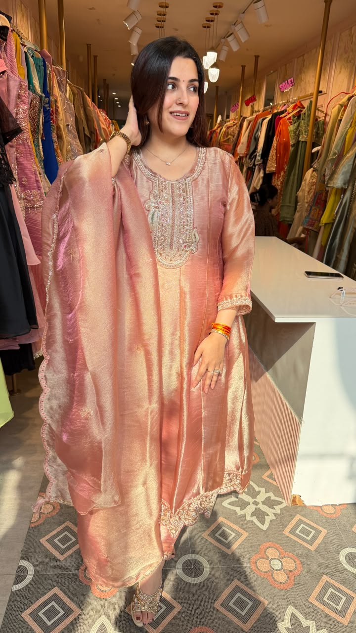 Rose Gold Tissue Shimmer Anarkali Suit Set