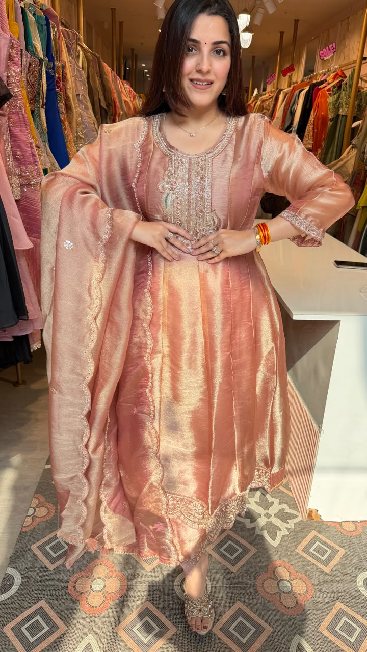 Rose Gold Tissue Shimmer Anarkali Suit Set