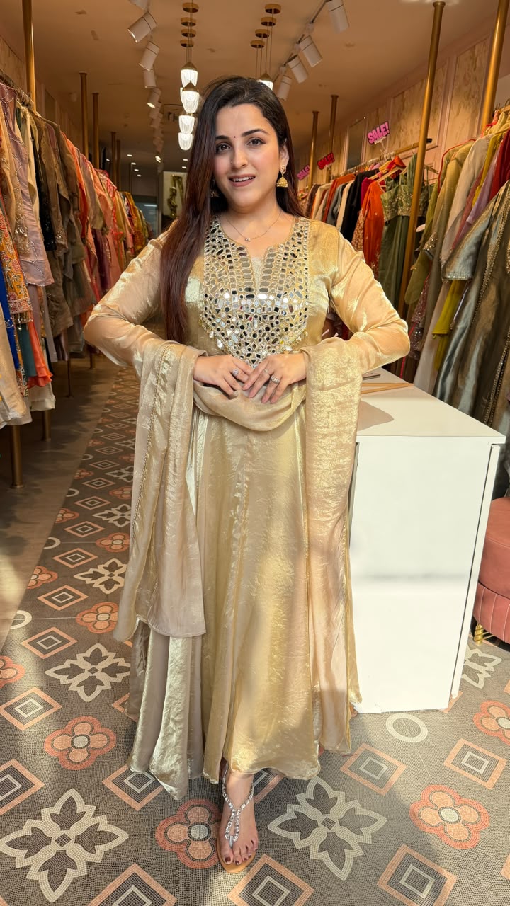 Champagne Mirror-Work Anarkali Suit with Dupatta