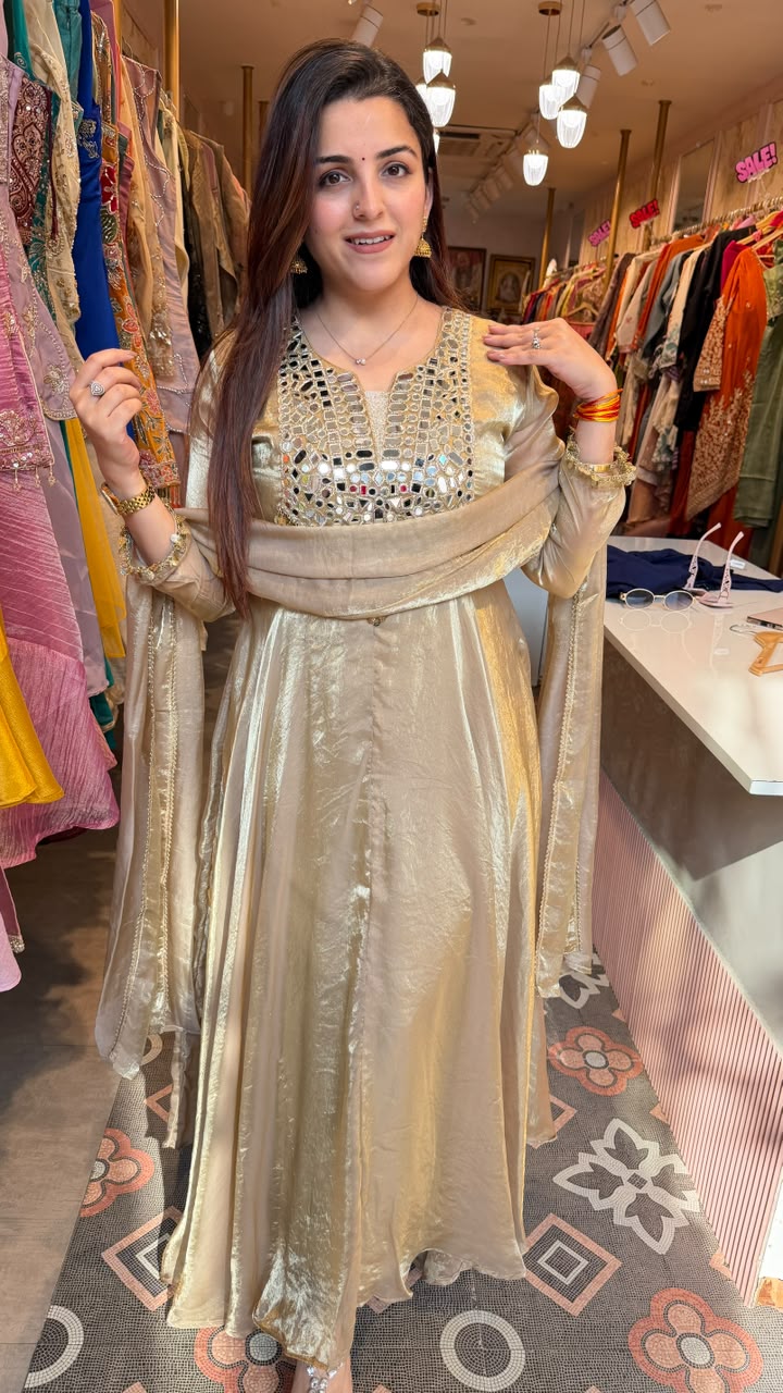 Champagne Mirror-Work Anarkali Suit with Dupatta