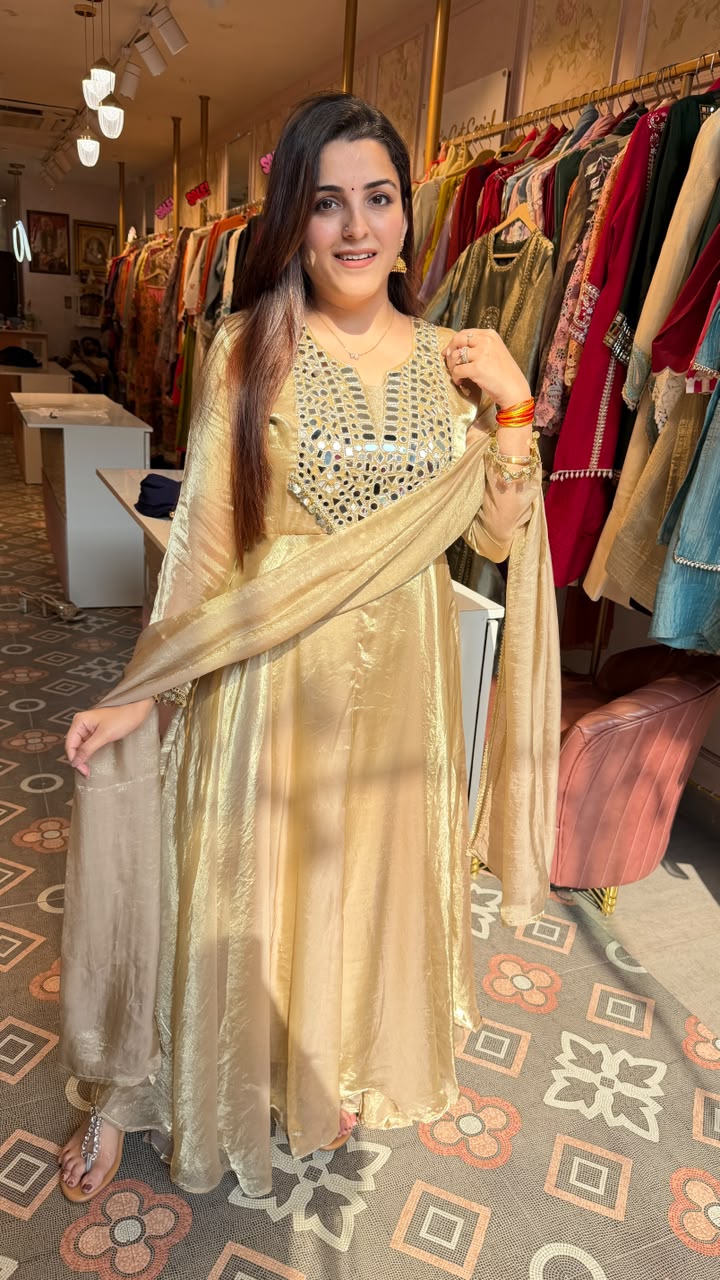 Champagne Mirror-Work Anarkali Suit with Dupatta