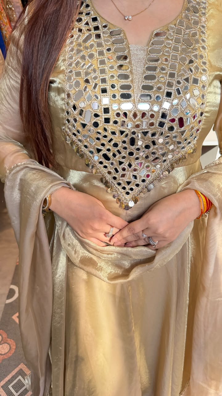 Champagne Mirror-Work Anarkali Suit with Dupatta