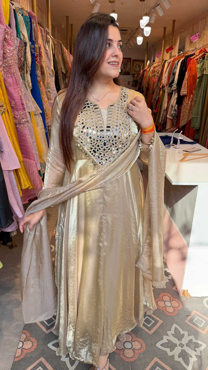 Champagne Mirror-Work Anarkali Suit with Dupatta