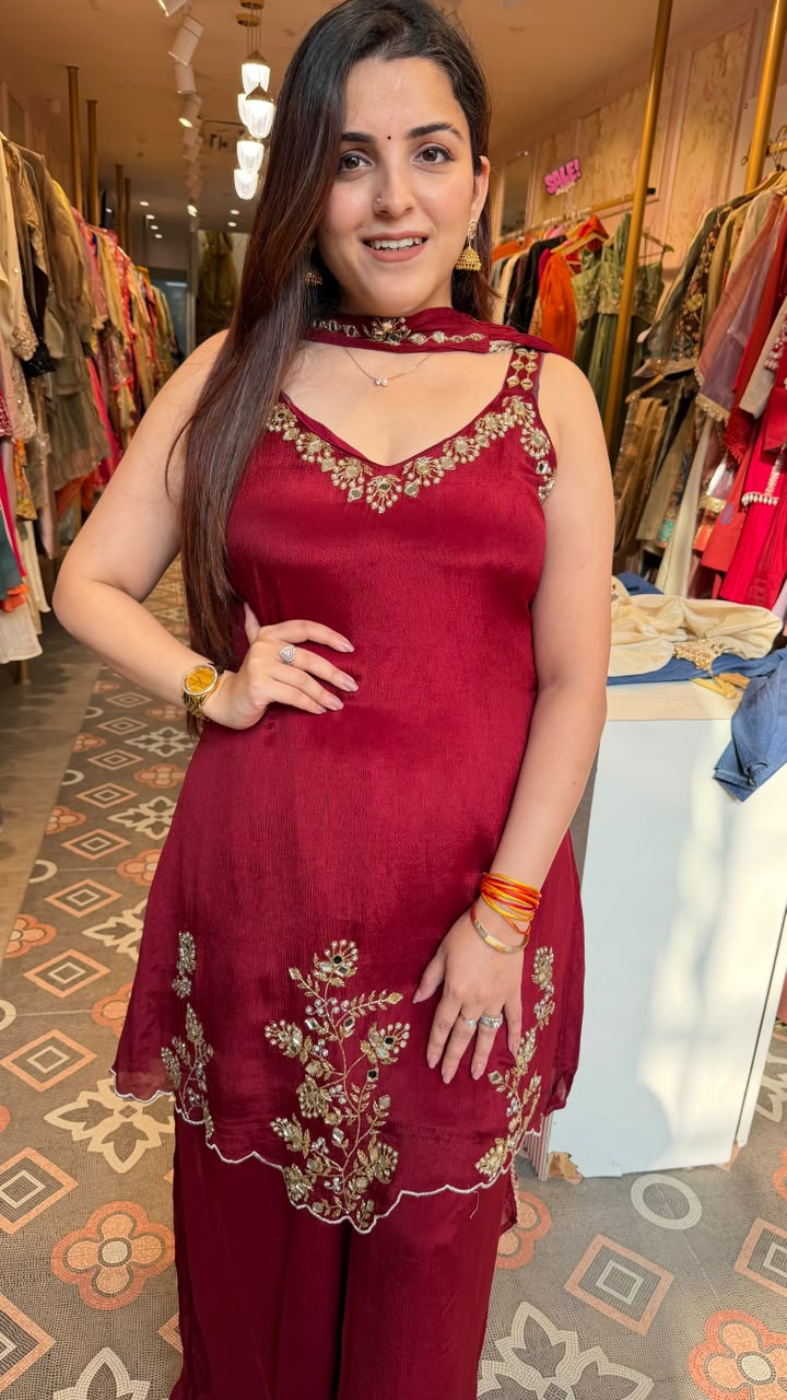Wine Velvet Embroidered Kurta Pant Set with Dupatta