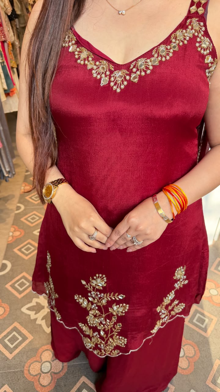 Wine Velvet Embroidered Kurta Pant Set with Dupatta
