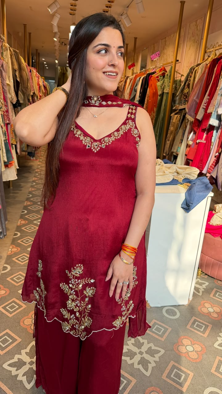 Wine Velvet Embroidered Kurta Pant Set with Dupatta