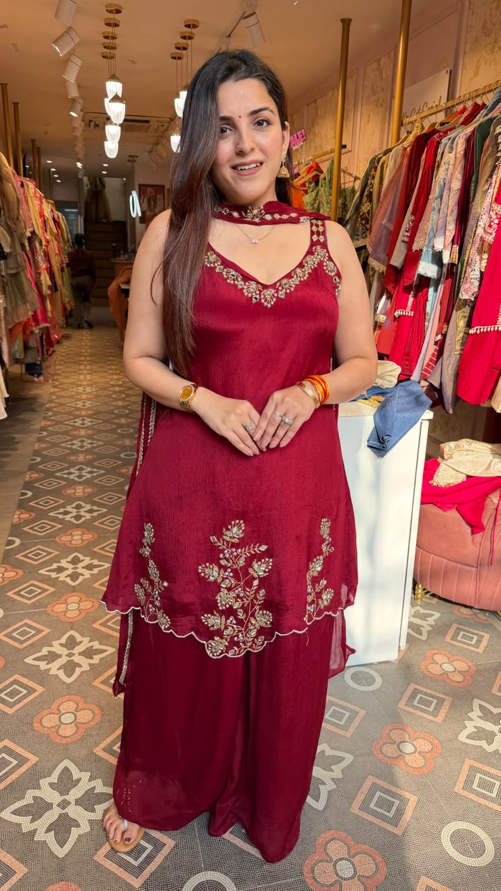 Wine Velvet Embroidered Kurta Pant Set with Dupatta