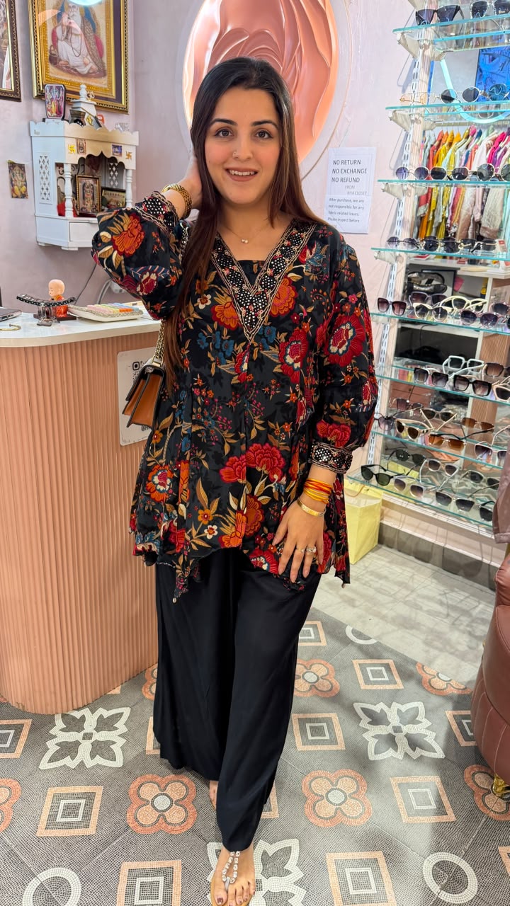 Flared Floral Printed Kurti with Straight Pants