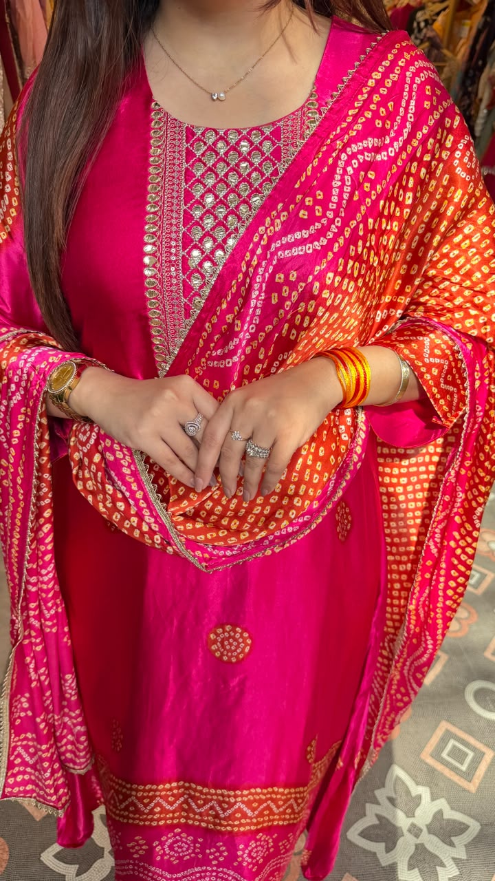 Bandhani Printed Embroidered Straight Suit