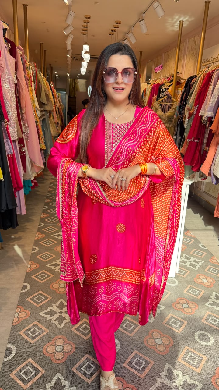 Bandhani Printed Embroidered Straight Suit