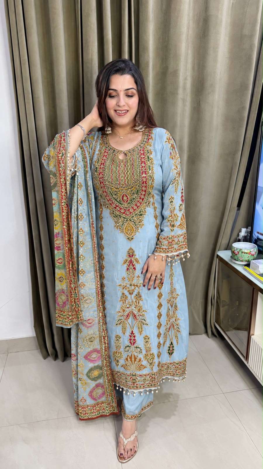 Rust Orange Printed & Embroidered Kurta Set with  Dupatta
