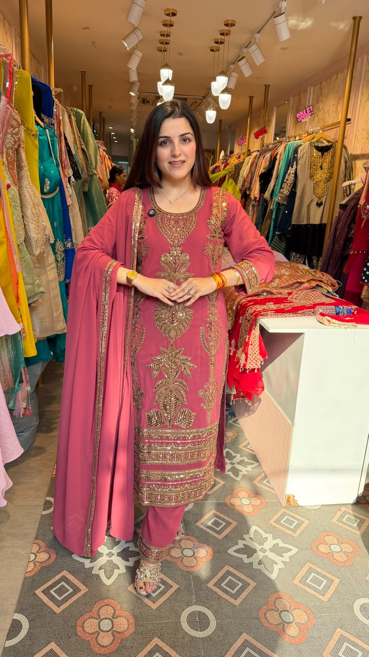 Dusty Rose Embroidered Straight-Cut Salwar Suit