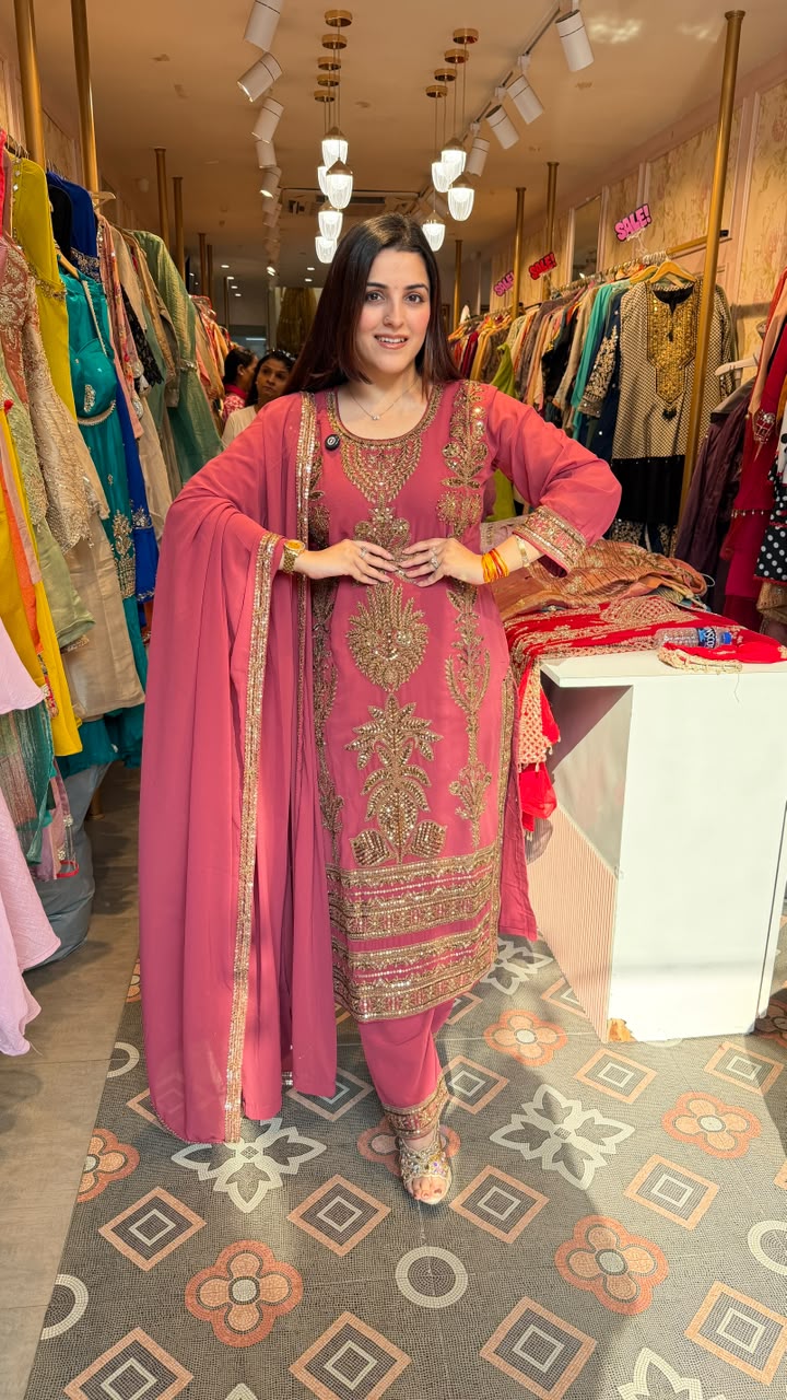 Dusty Rose Embroidered Straight-Cut Salwar Suit