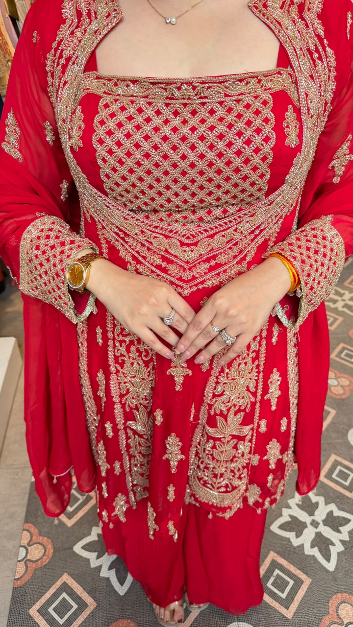 Red Embroidered Angrakha Short Style Kurta Sharara Set